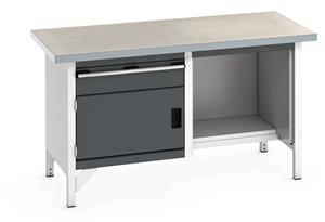 Bott Cubio Storage Workbench 1500mm wide x 750mm Deep x 840mm high supplied with a Linoleum worktop (particle board core with grey linoleum surface and plastic edgebanding), 1 x integral storage cupboard (650mm wide x 650mm deep x 350mm high), 1... 1500mm Wide Engineers Storage Benches with Cupboards & Drawers